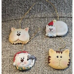 (4) MINI CAT CHRISTMAS TREE ORNAMENTS 1" HOME DECOR